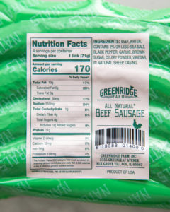 Greenridge Beef Sausage Nutrition Label