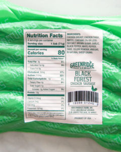 Greenridge Black Forest Chicken Sausage Nutrition Label