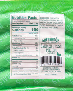 Greenridge Smoked Polish Sausage Nutrition Label