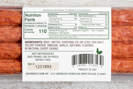 Greenridge Beef Snack Sticks Nutrition Label